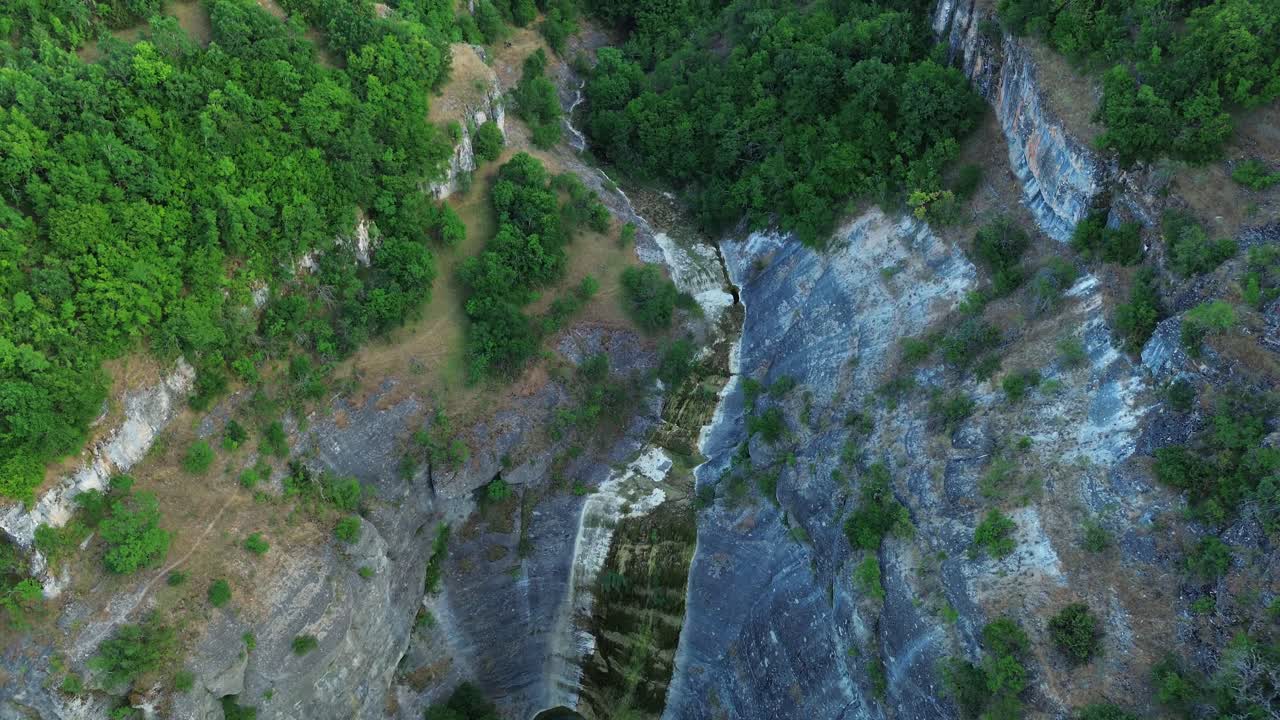 Tsoukas Agia Anna waterfall no water dry in summer North Greece aerial drone Macedonia nature