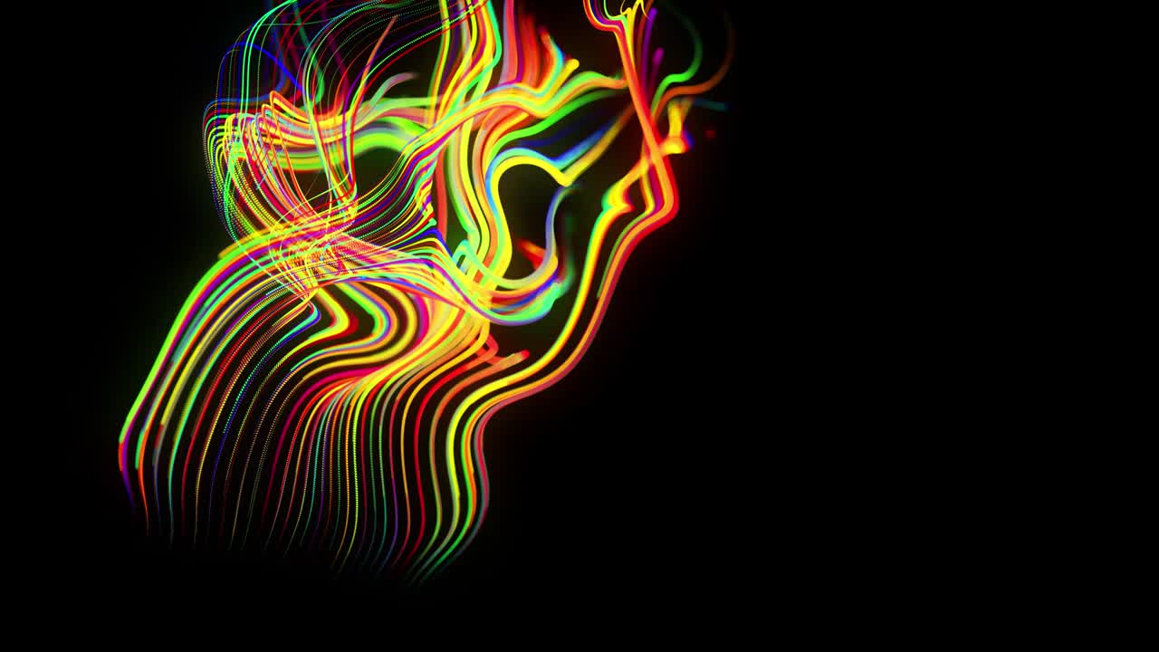 Abstract background flow of glow lines. Running lights particles form in 3d space glowing beautiful curved lines like ball of wires burning with neon light. Beautiful looped creative background in 4k.