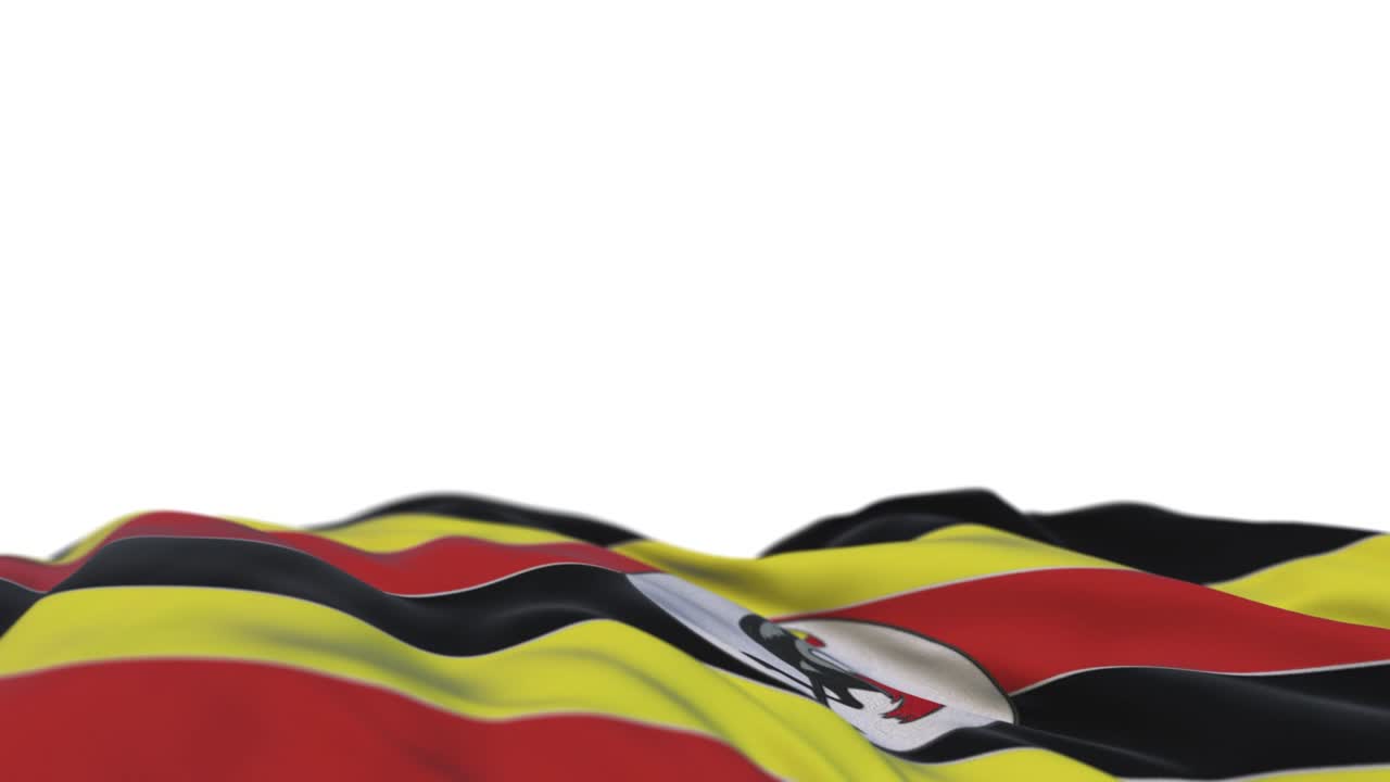 Uganda fabric flag waving on the wind loop. Uganda embroidery stitched cloth banner swaying on the breeze. Half-filled white background. Place for text. 20 seconds loop.