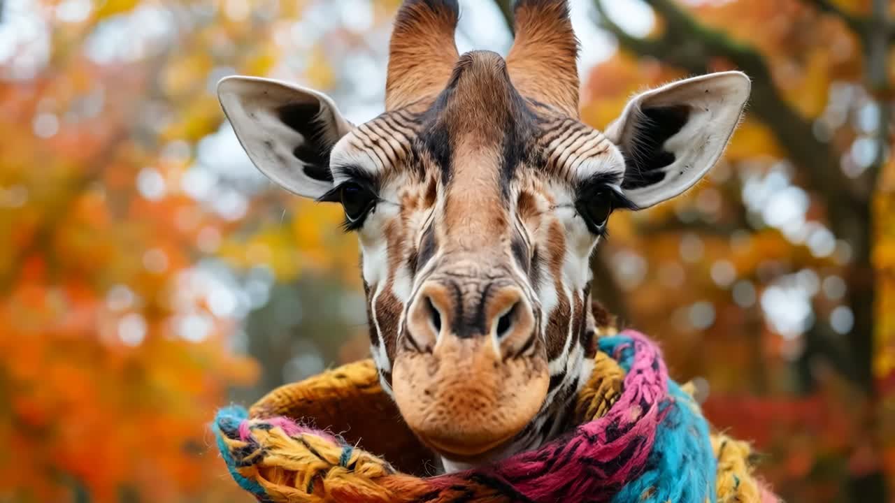 una jirafa con una bufanda colorida delante de un árbol