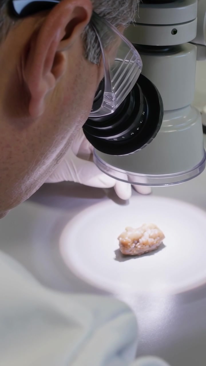 Vertical video: Lighting drawing tech peering into scope at lab bench inspecting sample wearing PPE