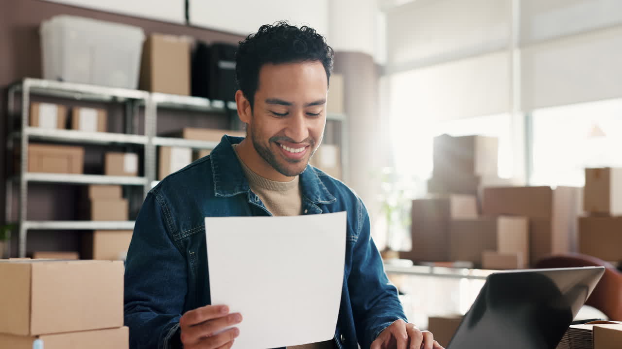 Smiling Entrepreneur Checking Documents and Typing on Laptop