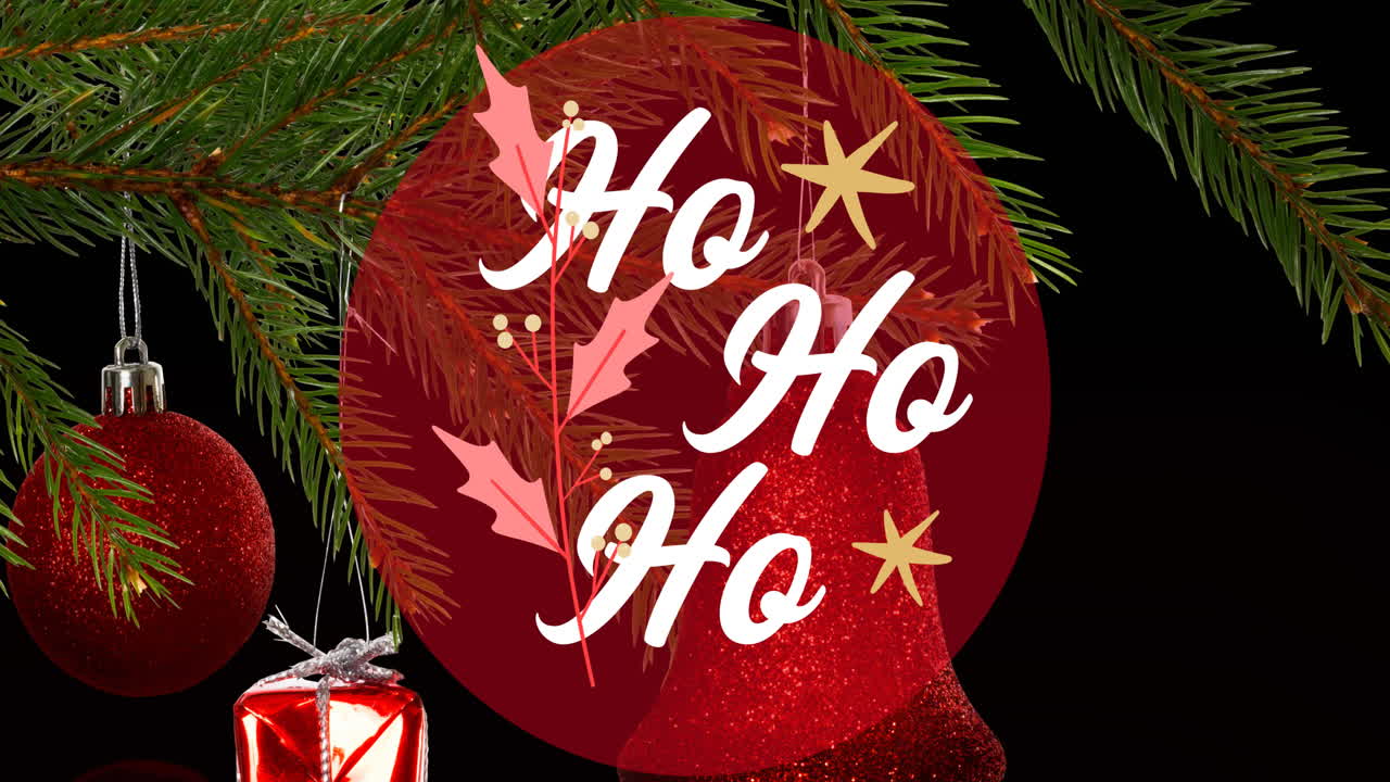 animación de ho ho ho sobre el árbol de navidad en el fondo