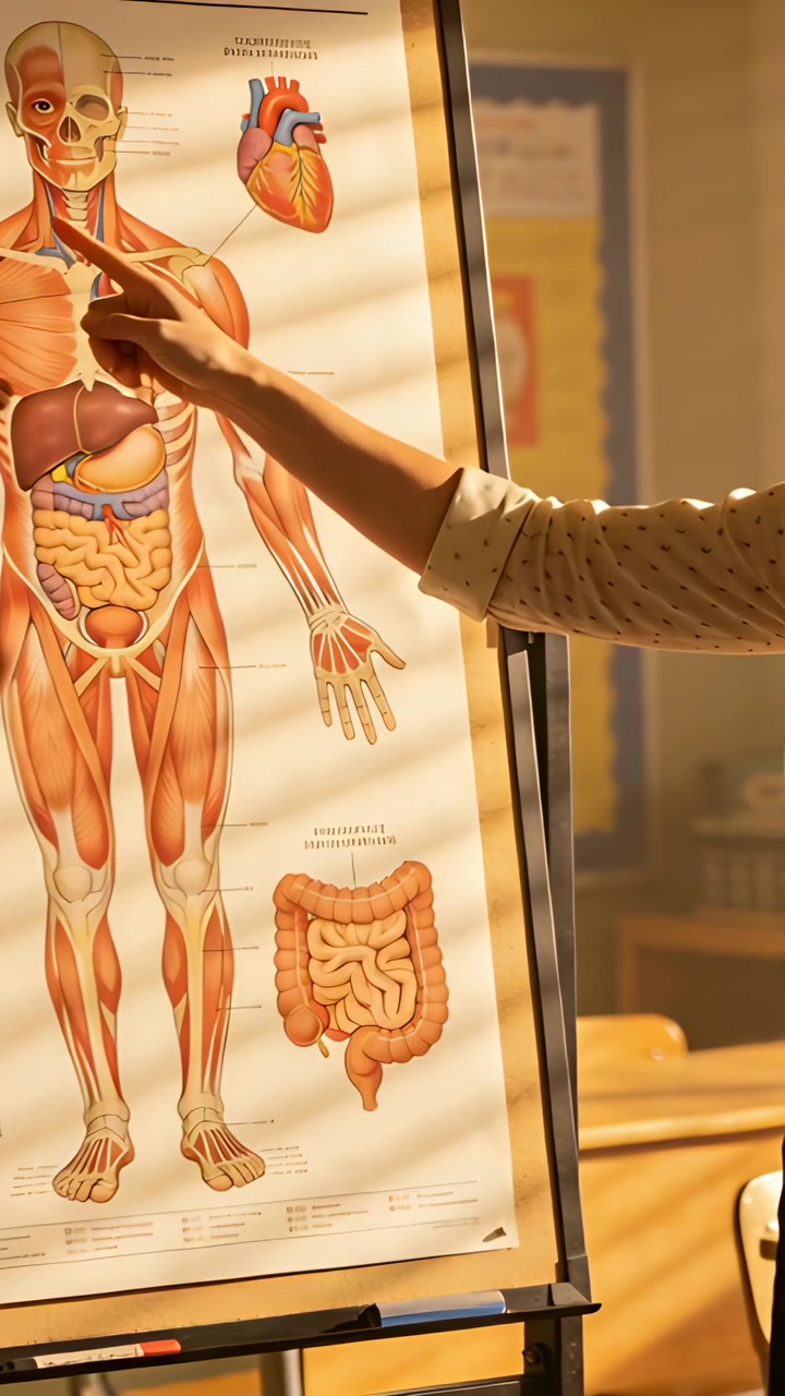 Video verticale: Insegnante che indica durante una dimostrazione in classe, indicando il torace su una tavola anatomica, che indossa un top a pois