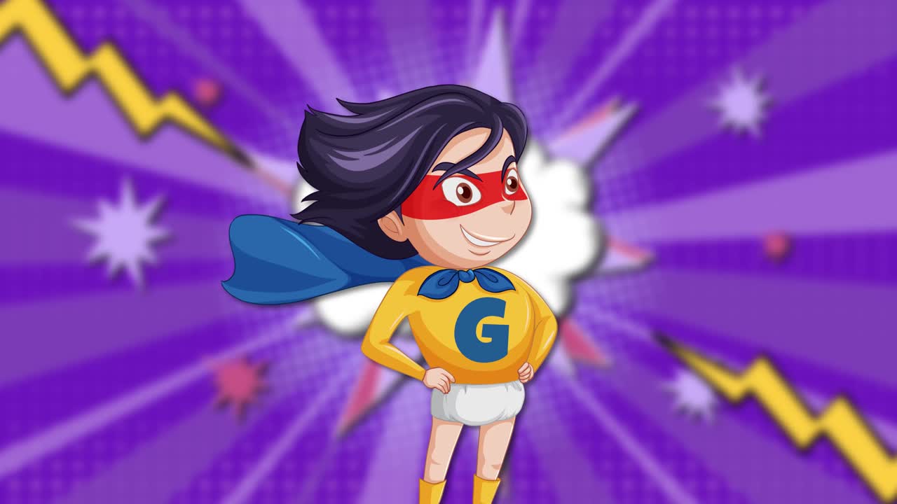 슈퍼히어로 소녀가 역동적인 효과로 나타납니다.