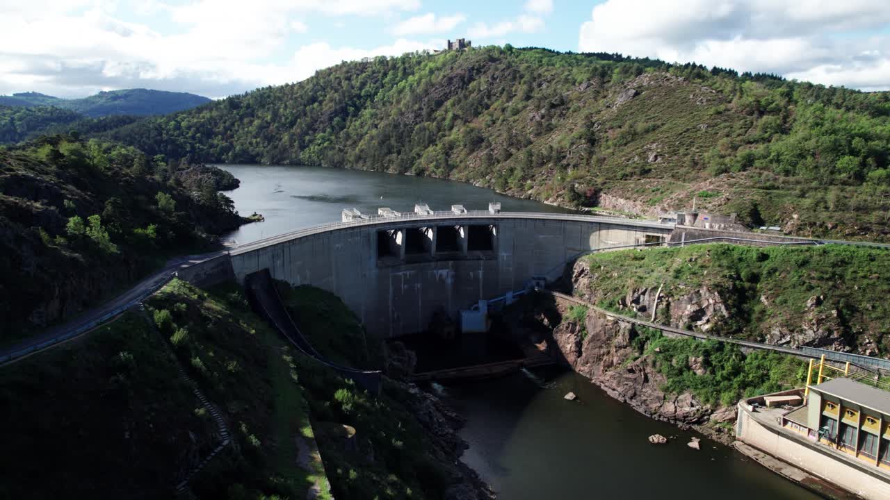 aerial shot around Grangent Dam near Saint Etienne in Loire departement on the Loire river, Auvergne Rhone Alpes region, France