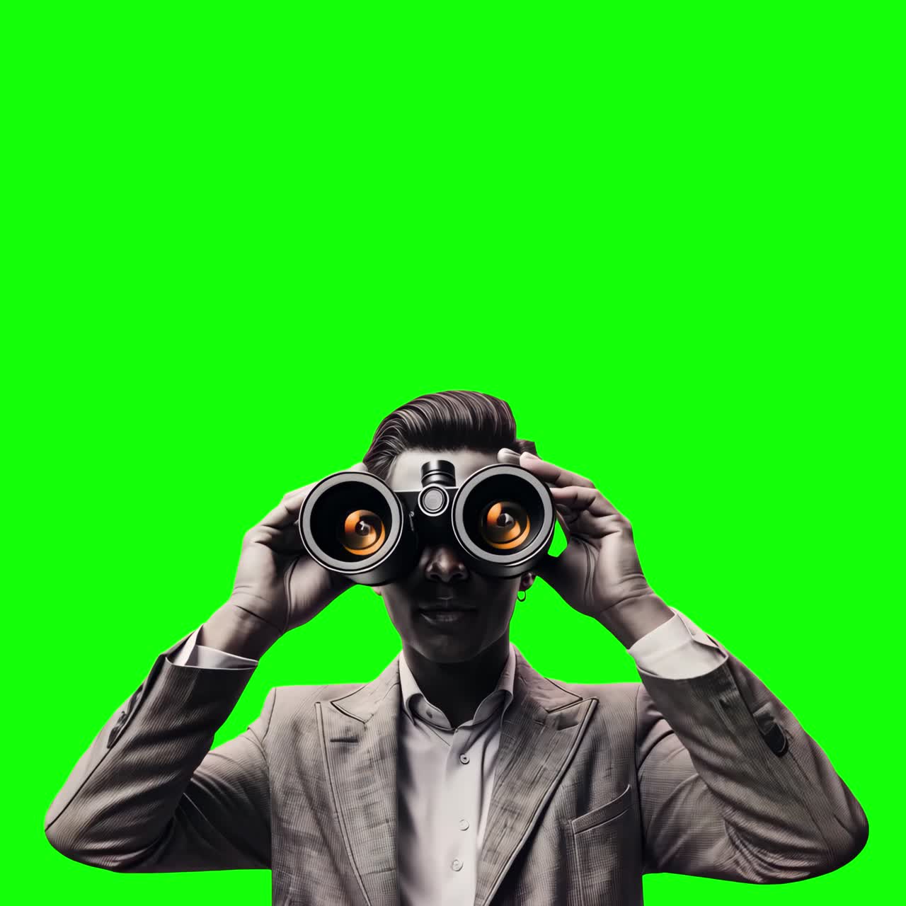 Man observing with binoculars animation, transparent 4K video, green screen