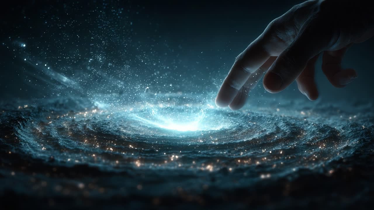 A Celestial Encounter: The Cosmic Interaction of a Finger Touching a Glowing Galaxy, Illuminating the Boundless Universe with a Mystical Energy Dance