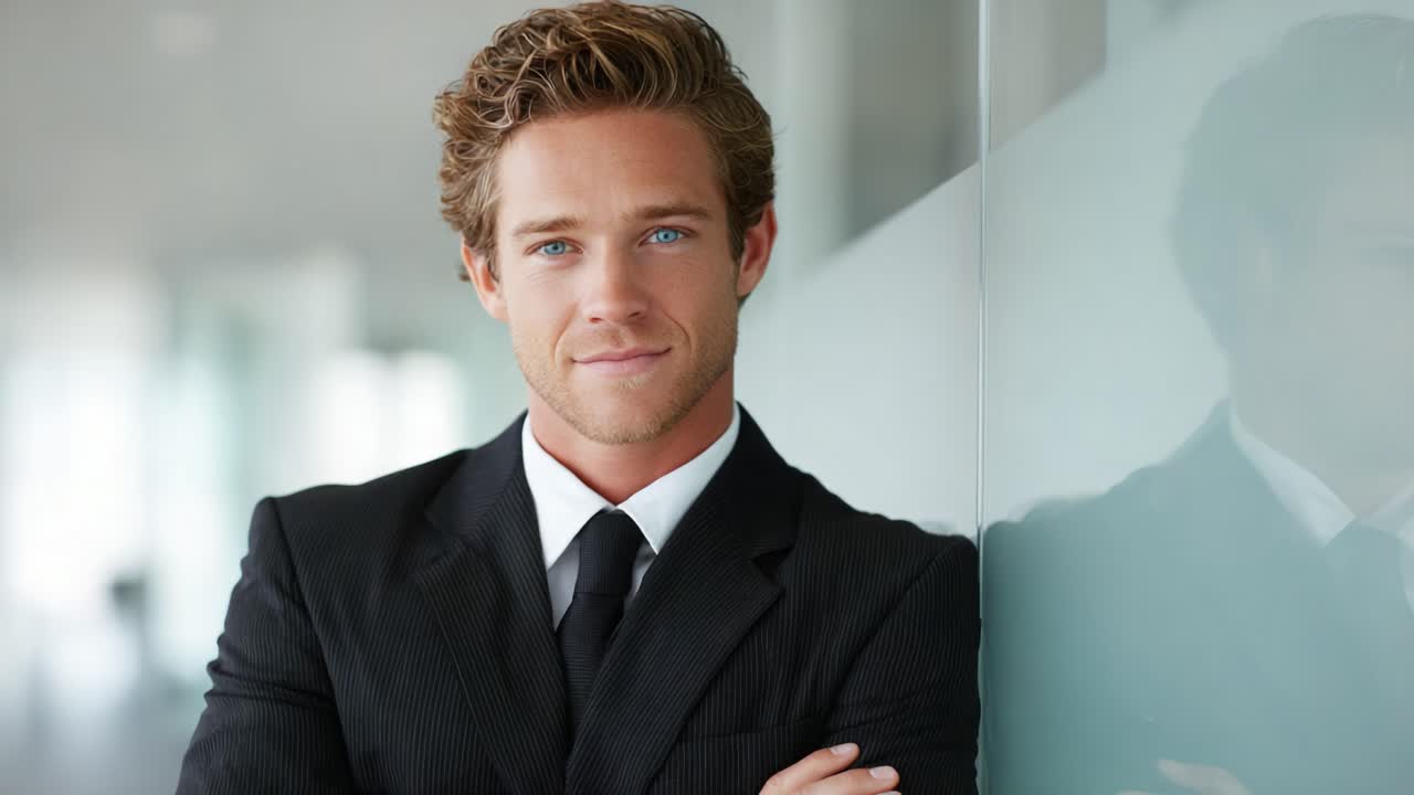 Confident young man in formal attire with striking blue eyes smiles warmly while leaning against a wall in a modern office setting, embodying professionalism and charm