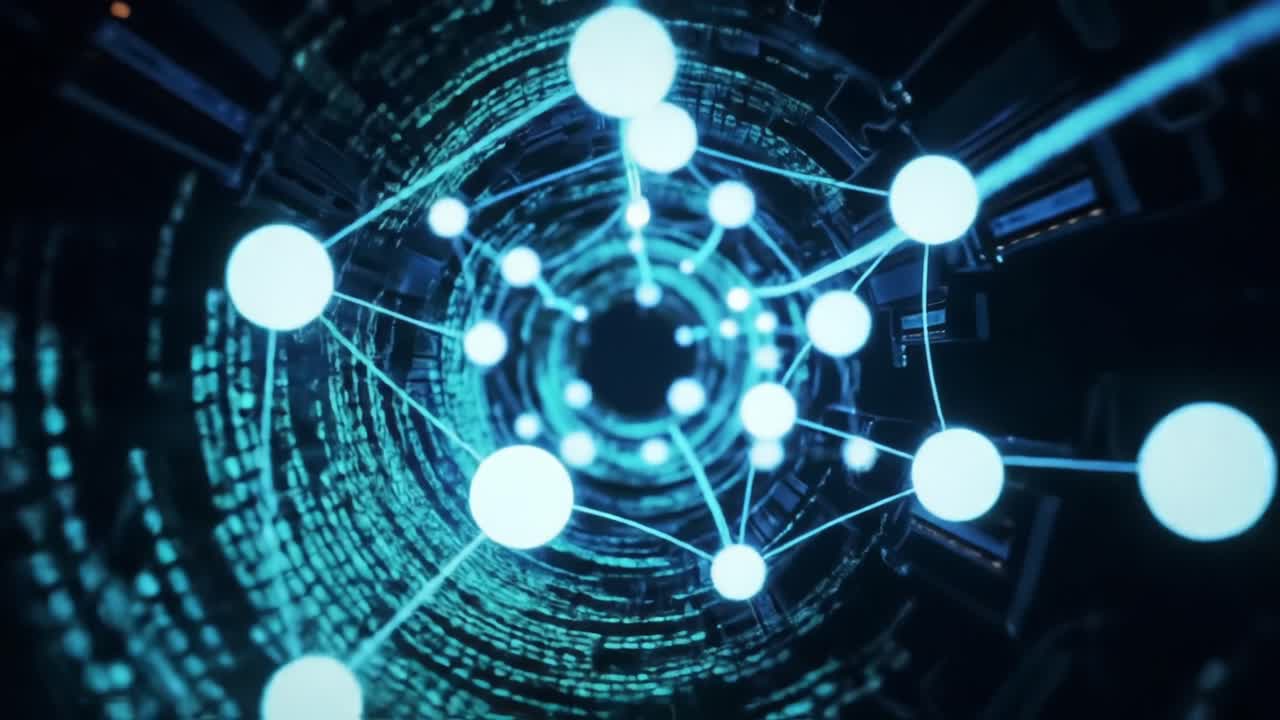 A Mysterious Journey Through a Hypothetical Data Tunnel Depicting Visual Representations of Connectivity, Networks, and Digital Particles in Motion