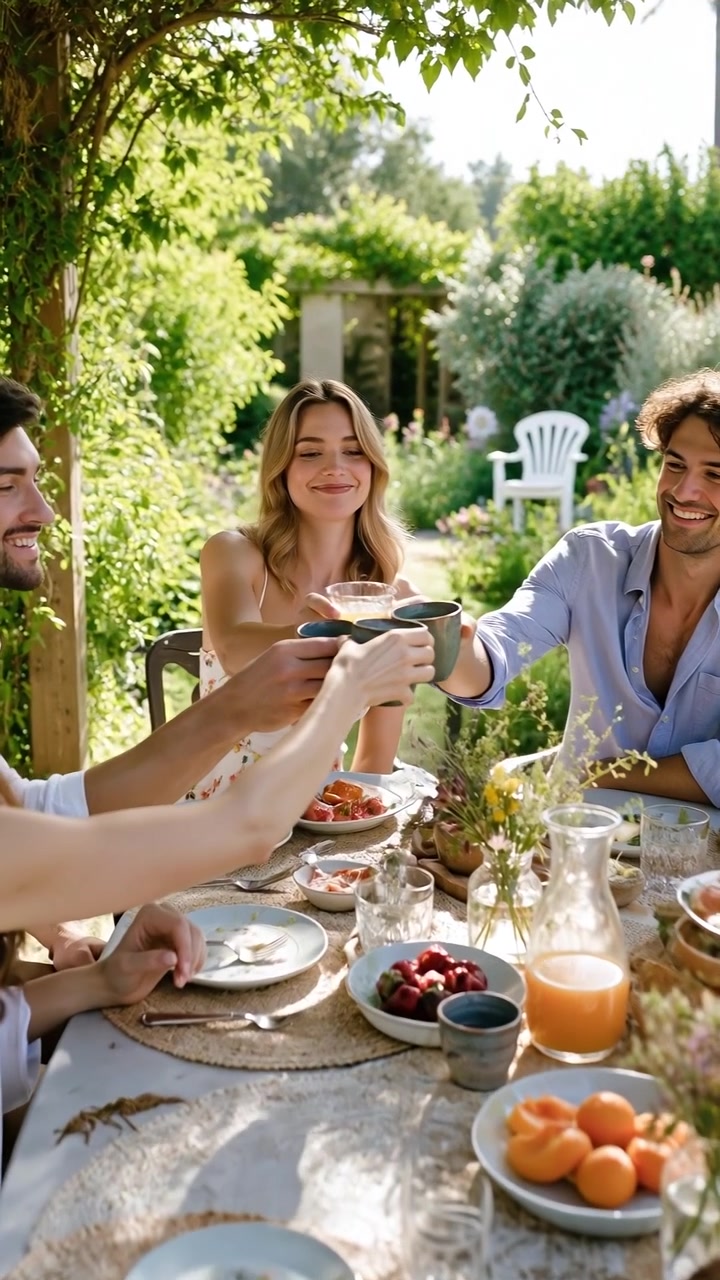 Gruppo di amici felici che si godono un brunch all'aperto in un bellissimo giardino e brindano con le loro bevande