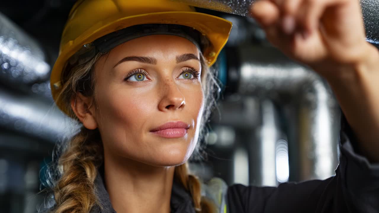 Focused Female Engineer Carefully Inspects Machinery with Precision and Attention to Detail While Wearing a Protective Helmet in an Industrial Setting Surrounded by Pipes and Equipment