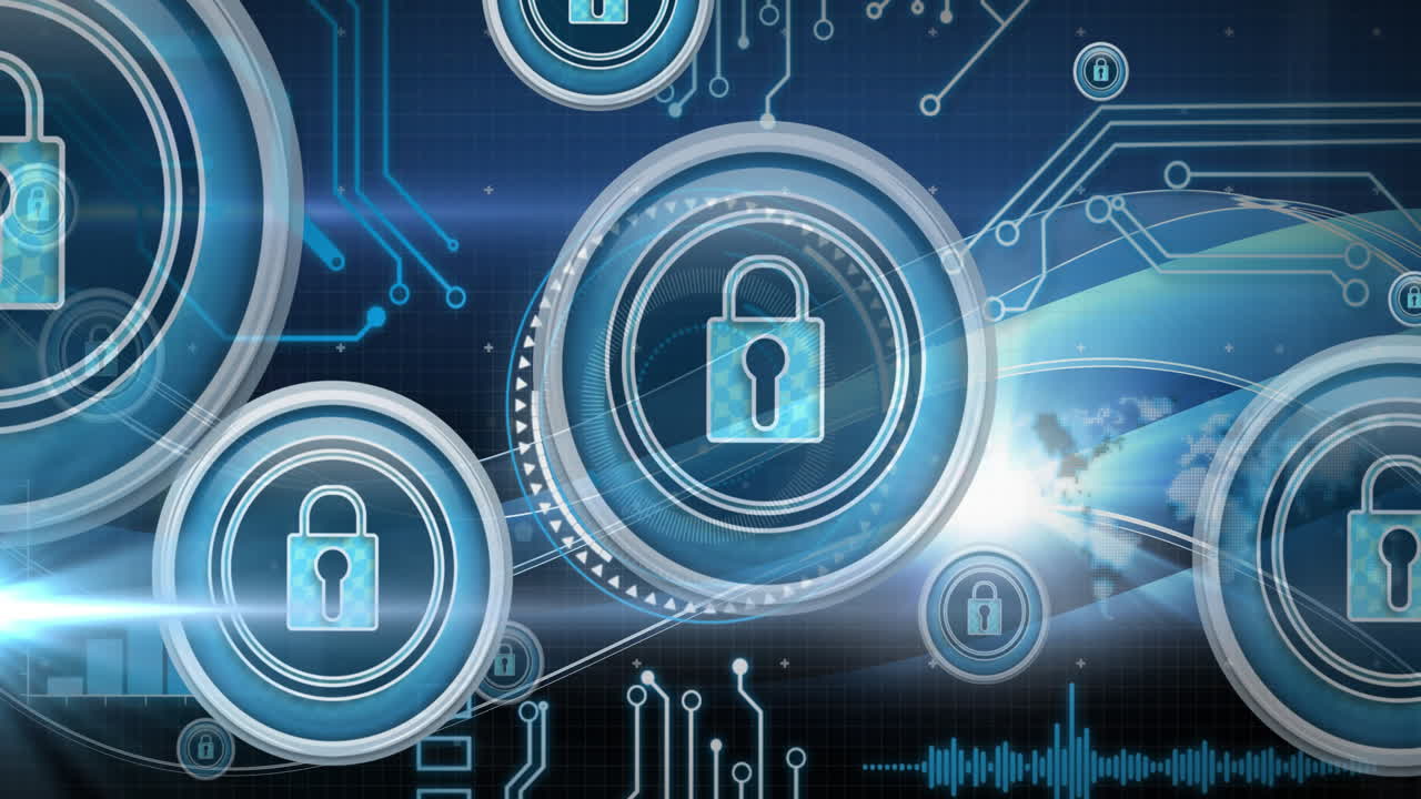Animation of online security padlocks with computer circuit board in background