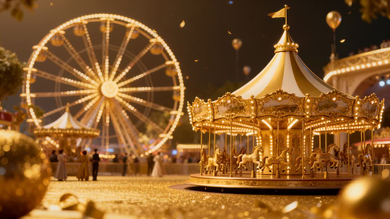 Turning ornate carousel slowly after lights at fair, Ferris wheel, guests wearing coats, copy space