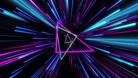 Animation-of-blue-neon-light-trails-and-triangles-over-black-background