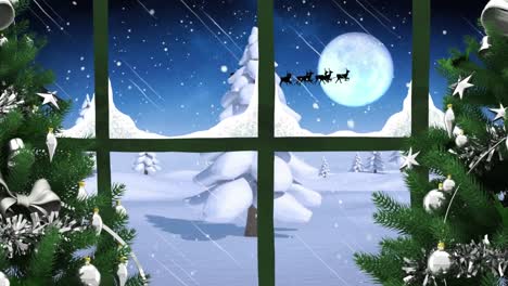 Animation-of-winter-landscape-and-santa-sleigh-seen-through-window