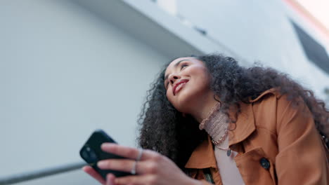 smile, city and woman typing on phone outdoors