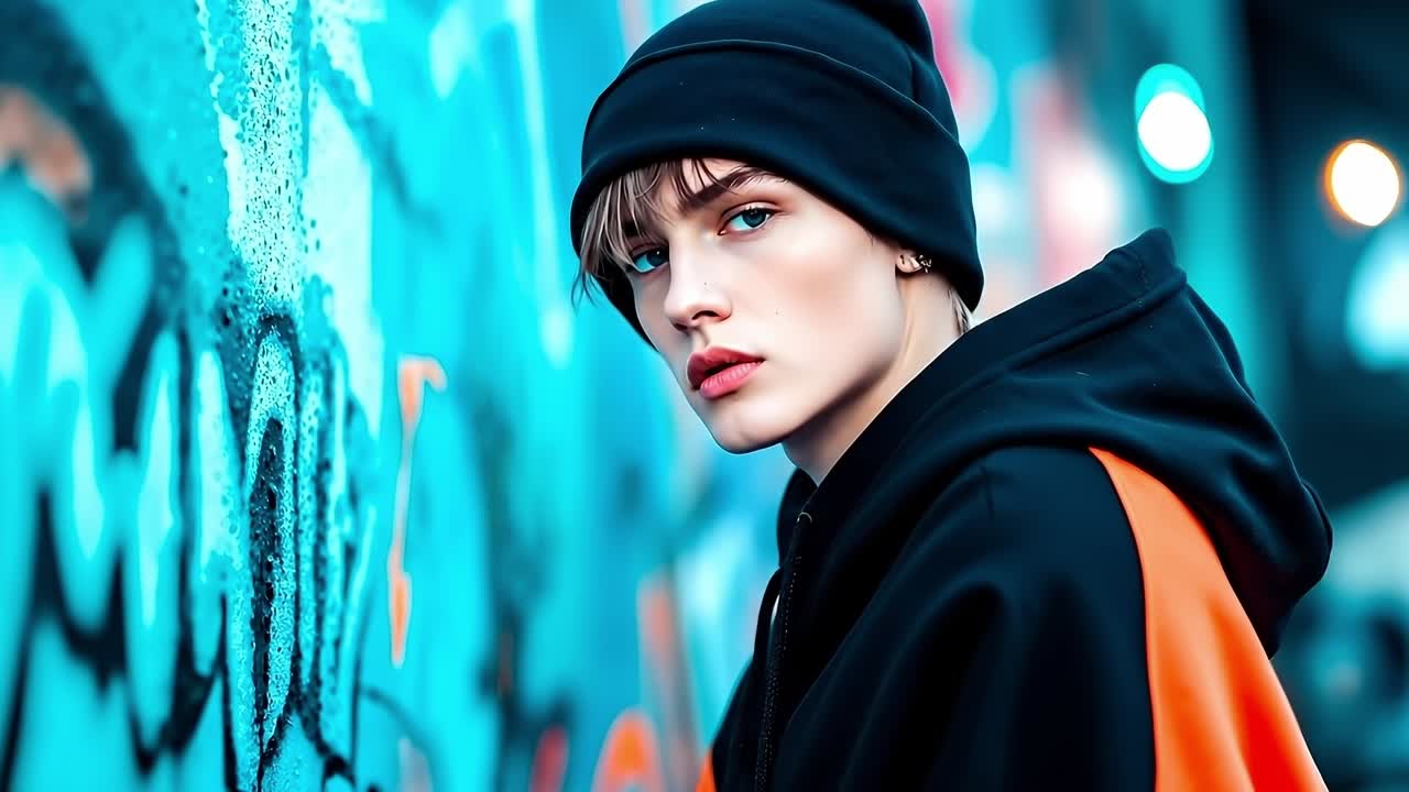 A woman in a black and orange hoodie standing in front of a graffiti covered wall