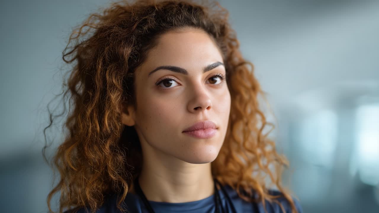 Calma e composta: Una donna dai capelli ricci che trasmette serenità e sicurezza osservando il mondo circostante, catturata in due fotogrammi accattivanti