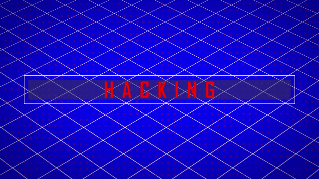 Animation of red text, hacking, over white grid on blue background
