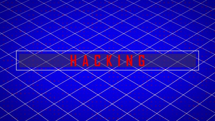 Animation of red text, hacking, over white grid on blue background