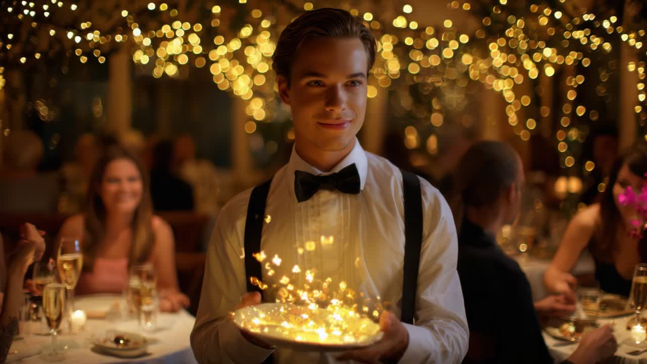 A dapper young man elegantly presents a shimmering plate filled with glowing sparkles amid a festive dining atmosphere, adorned with twinkling lights and surrounded by joyful diners enjoying a magical evening