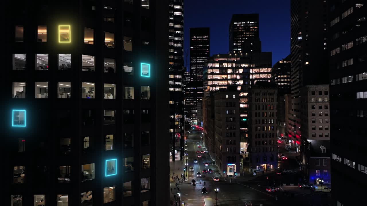 Artificial Intelligence Business Analytics Visualization on City Office Buildings at Night – Smart Data, IoT Monitoring, and Corporate Intelligence Concept