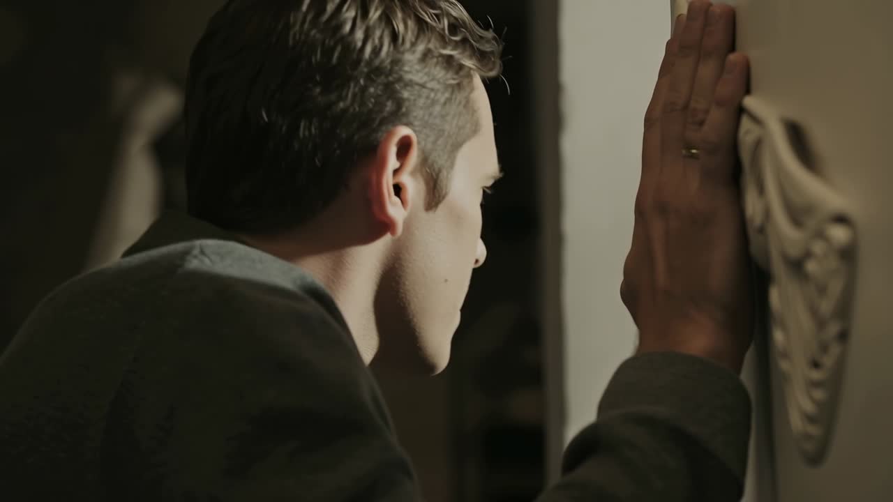Uomo in maglione che si preme le mani sentendo un rumore, appoggia la testa su una modanatura decorata sbirciando nel corridoio.