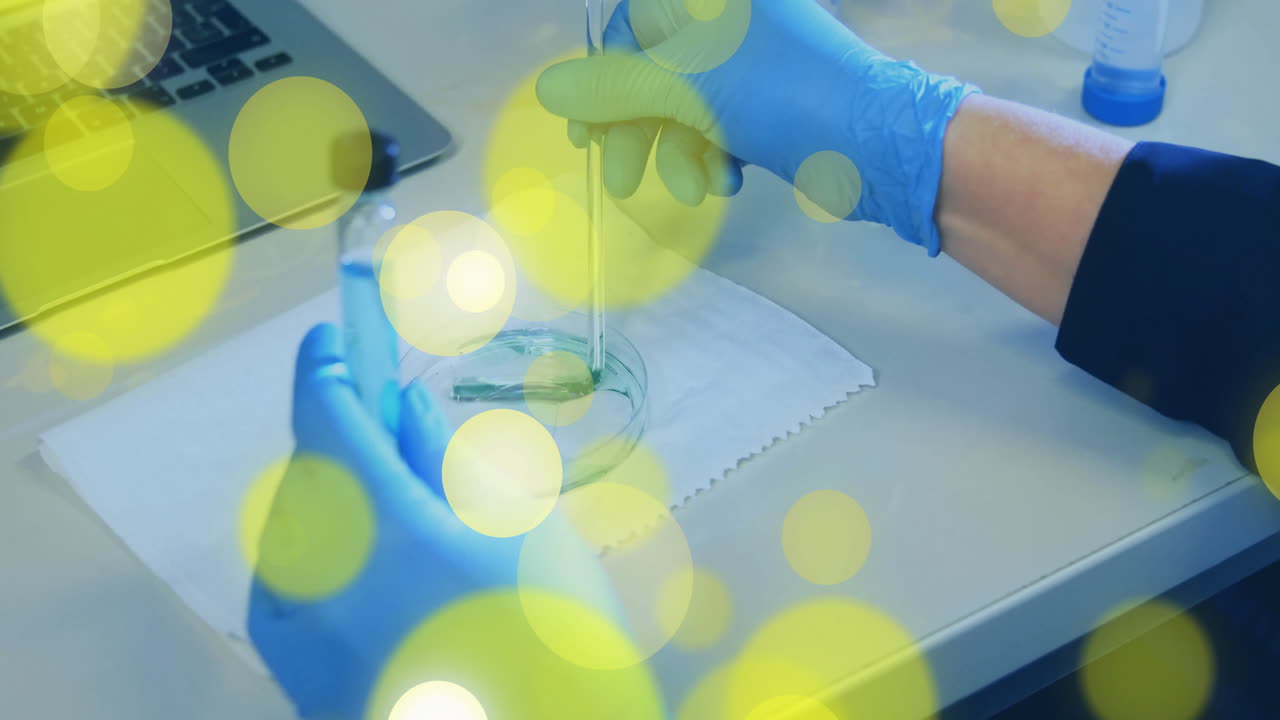 Animated 3D render showing gloved hands using pipette transferring blue solution into petri dish