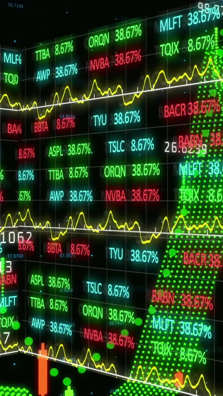 Animazione di elaborazione dati finanziari e di borsa su sfondo nero