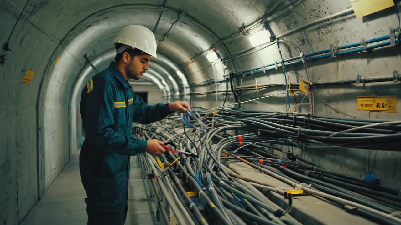 Engineer inspecting cables in a tunnel