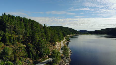 Drone-dolly-right-over-winding-road-between-beautiful-lakeside-forest