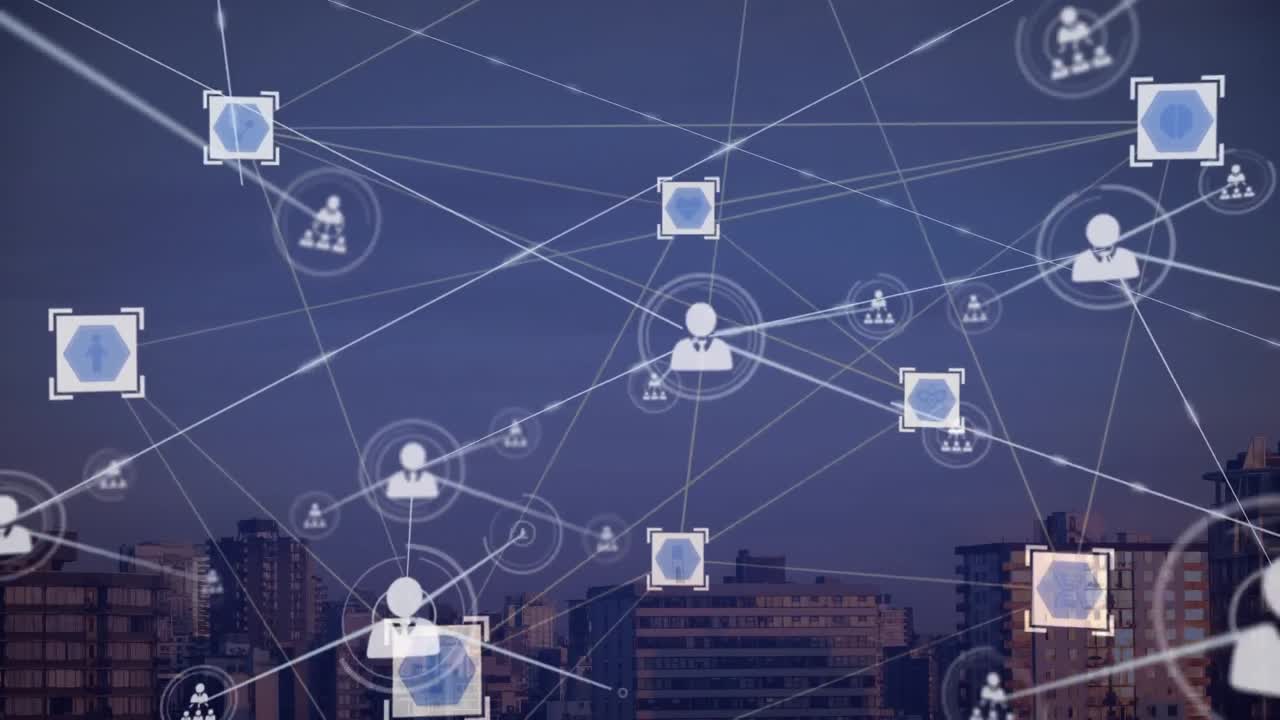 Animation of network of connections with icons over cityscape