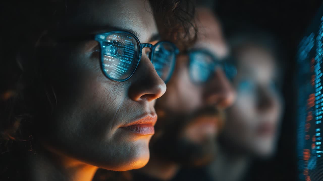 Focused Individuals Analyzing Digital Data on Computer Screens with Reflective Eyewear in a Darkened Environment, Highlighting Concentration and Technology Interaction