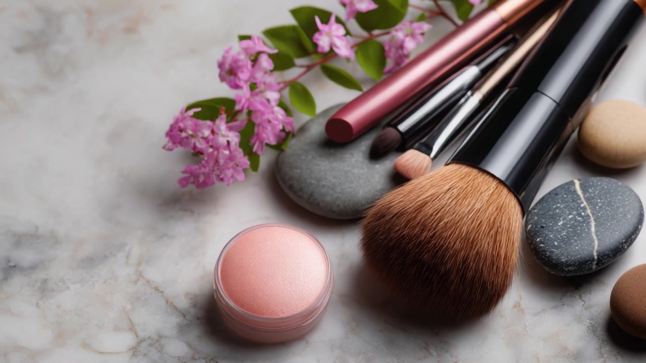 Aesthetic Arrangement of Makeup Tools and Floral Accents on a Marble Surface Showcasing Beauty Essentials in a Serene Setting