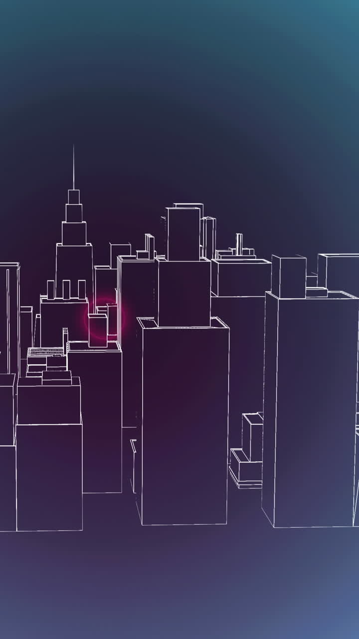 Animation of neon circles over metaverse city on violet background
