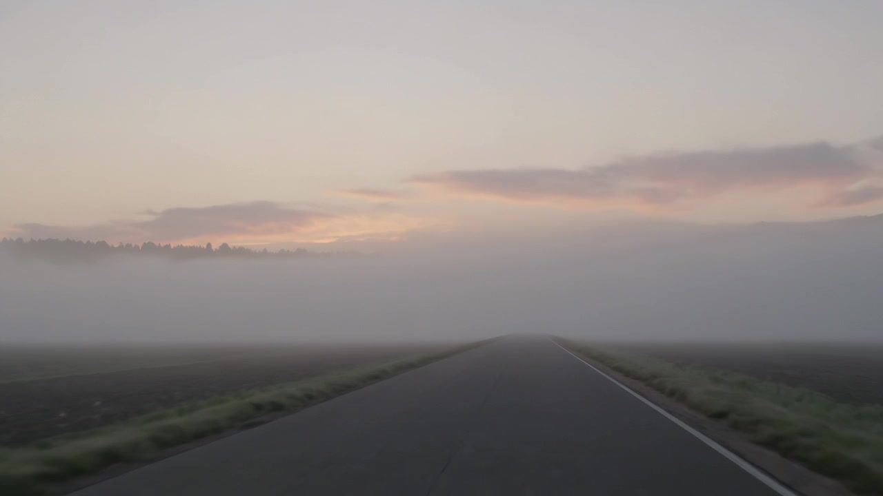 Advancing camera moving along straight rural road at dawn, showing white edge marking and fog bank