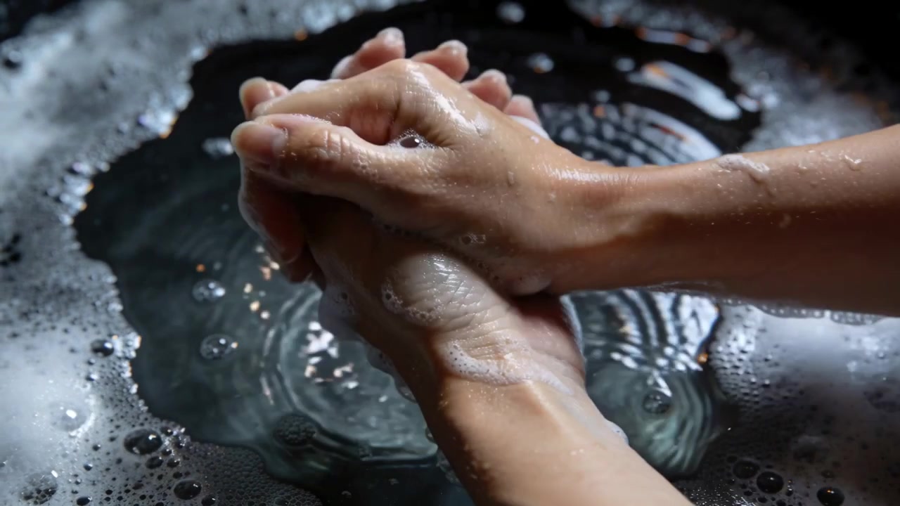 Applicando il sapone, mani adulte insaponano e strofinano le dita per pulire le mani al lavandino, con lo scarico.