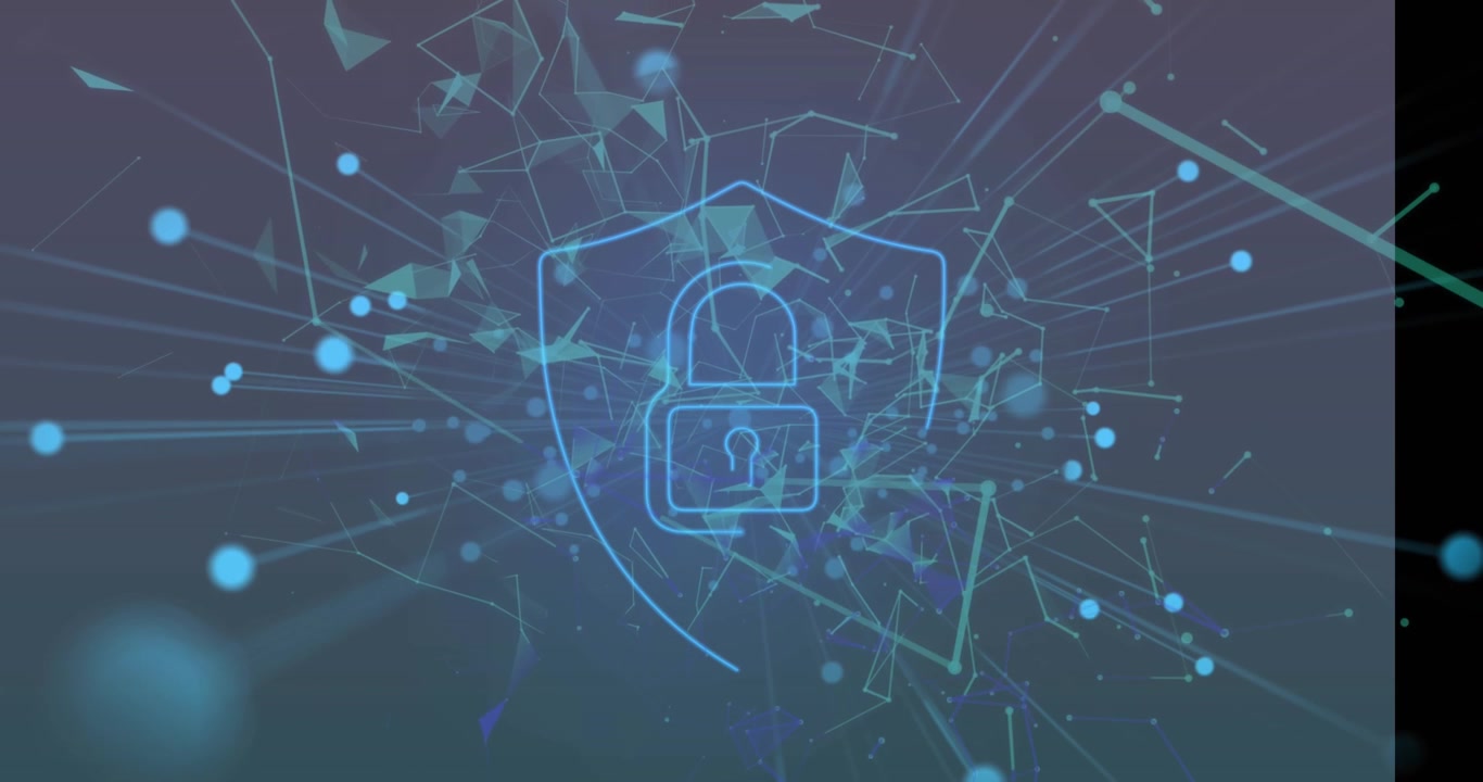 Animation of security padlock icon and plexus networks floating against purple background