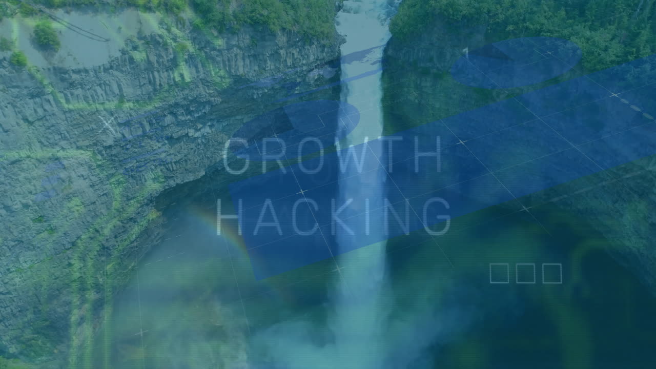 Waterfall landscape with Growth Hacking text and digital data overlay animation