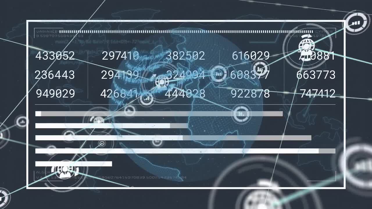 Animation of network of connections with icons over globe and world map with data processing