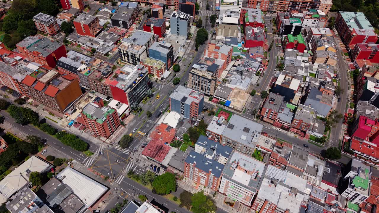 Navarra urban aerial view, residential area with shops and parks in sunlight