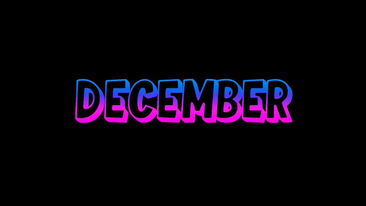 December neon tekstanimatie met een gloeiend blauw en roze gradiënteffect op een zwarte achtergrond. Moderne lichtgevende typografie met de maand december in een levendige neonstijl.