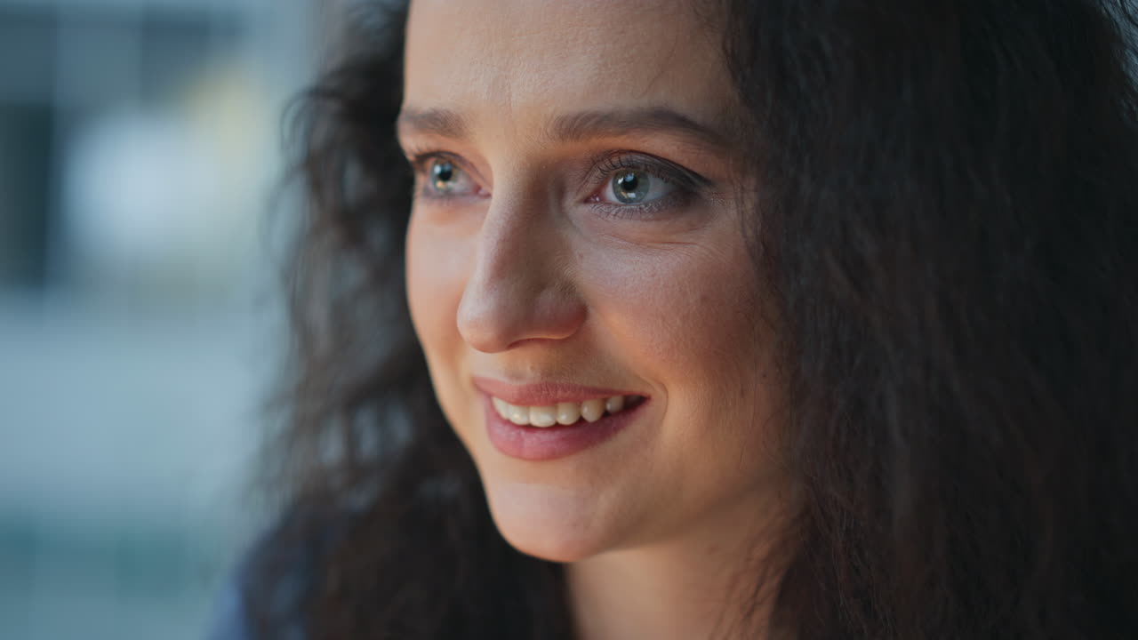 Happy manager working evening light closeup. Brunette woman thinking create idea