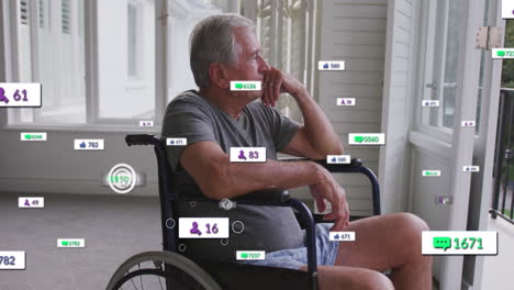 Animation-of-social-media-text-and-icons-over-caucasian-man-in-wheelchair-at-home