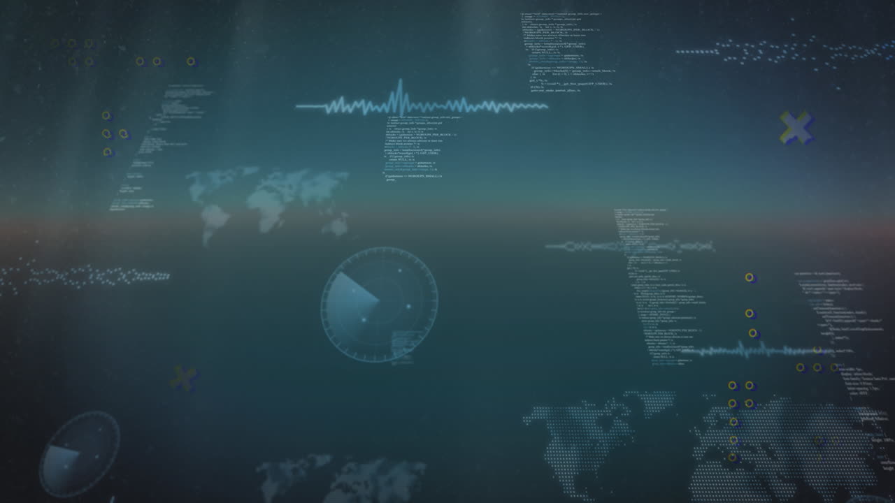 Animation of abstract shapes over round scanners and data processing against blue background