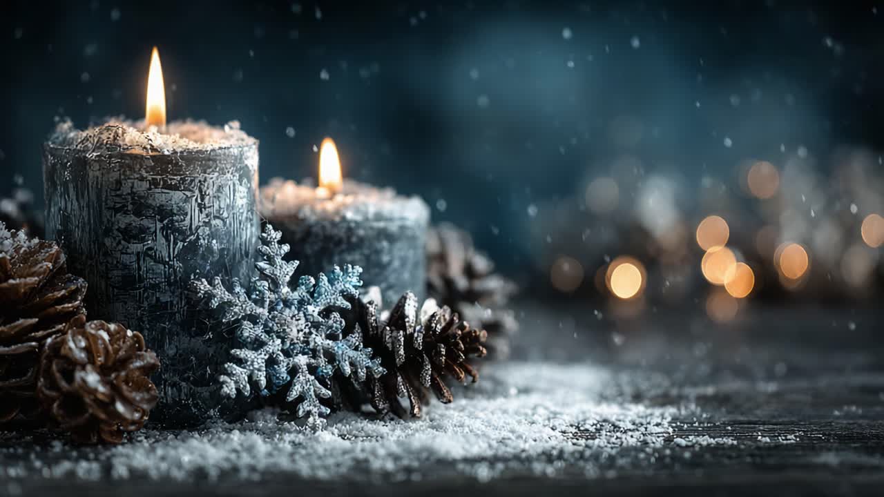 A Serene Winter Scene Featuring Glowing Candles Surrounded by Pinecones and Snowflakes, Capturing the Warmth and Beauty of the Season