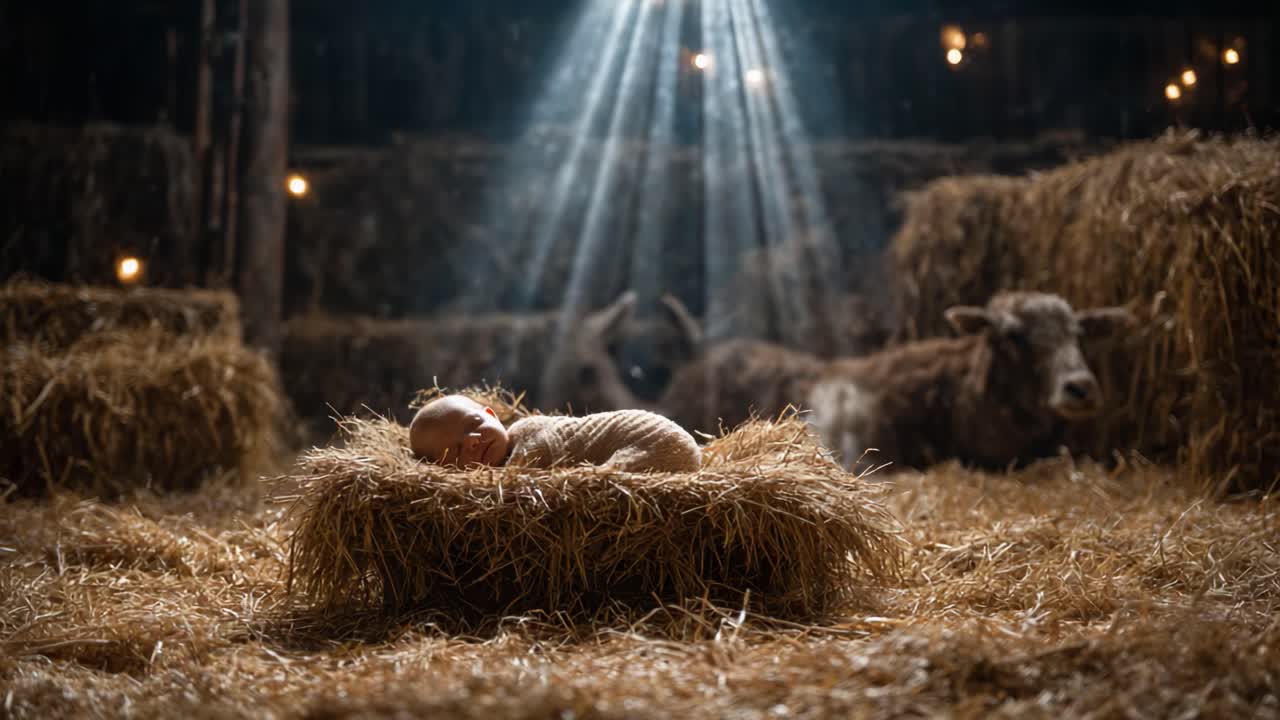 A Serene Scene of a Peaceful Baby Nestled in Hay, Bathed in Soft Light with Curious Animals Nearby in a Rustic Barn Setting