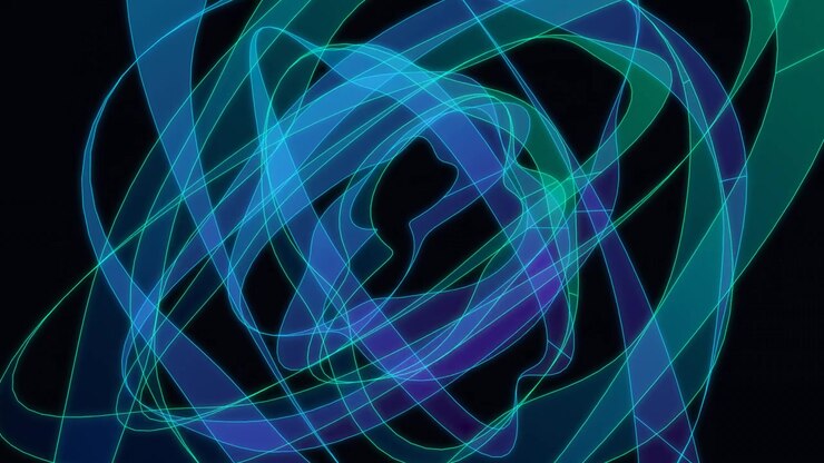Fundo de movimento abstrato com linhas entrelaçadas brilhantes em azul e verde