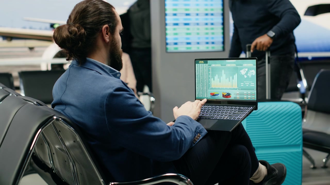 Amministratore delegato aziendale che valuta i dati aziendali e i KPI, lavorando al laptop in aeroporto